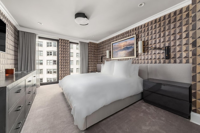 carpeted bedroom featuring ornamental molding and wallpapered walls