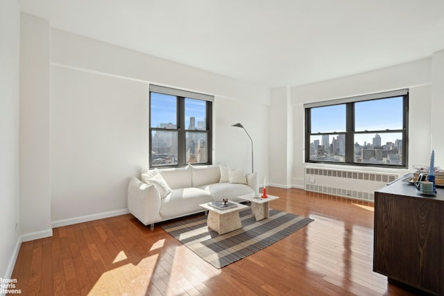 living area featuring wood-type flooring, baseboards, a wealth of natural light, and radiator heating unit