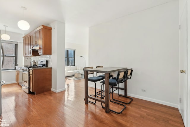 kitchen featuring stainless steel range with gas stovetop, under cabinet range hood, wood finished floors, and a wealth of natural light