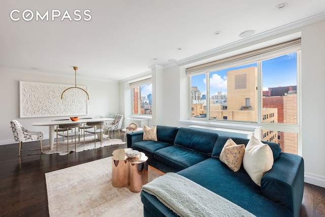 living area with a view of city, ornamental molding, baseboards, and dark wood finished floors