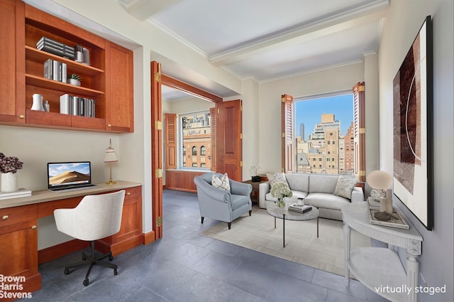 living area featuring crown molding, beam ceiling, built in study area, a view of city, and baseboards