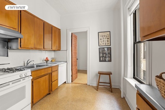 511 8th Ave, New York City, NY 11215 - kitchen with brown cabinets, a sink, white appliances, light floors, and under cabinet range hood
