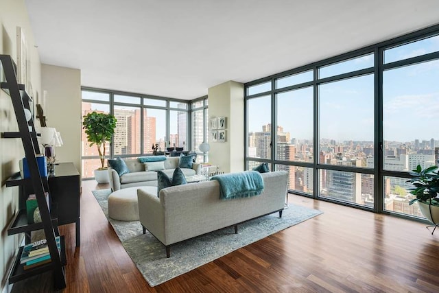 living room featuring a view of city, floor to ceiling windows, and wood finished floors