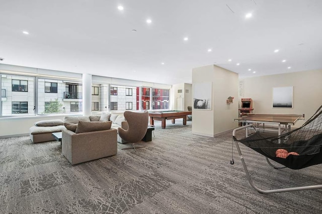 living room with recessed lighting, baseboards, billiards, and wood finished floors