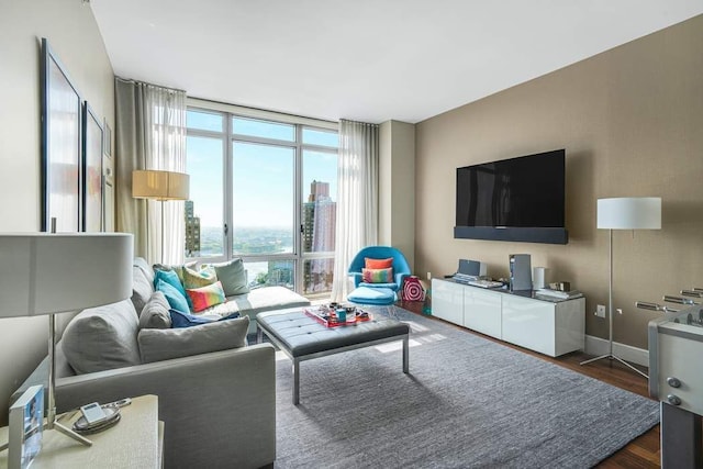 living area featuring expansive windows, baseboards, dark wood finished floors, and a healthy amount of sunlight