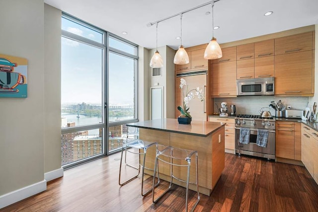 kitchen featuring decorative backsplash, high end appliances, dark countertops, dark wood-type flooring, and floor to ceiling windows