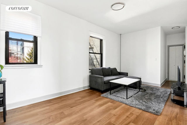 living room featuring plenty of natural light, wood finished floors, and baseboards