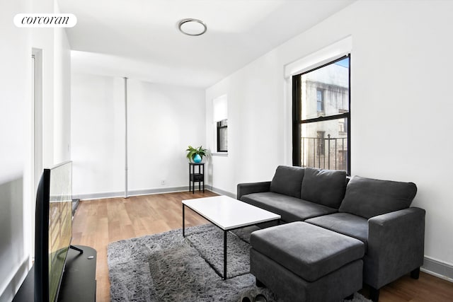living room featuring wood finished floors and baseboards