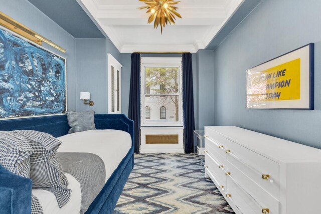 1133 Park Ave Unit 2W, New York City, NY 10128 - bedroom with ornamental molding, carpet flooring, a notable chandelier, and wallpapered walls