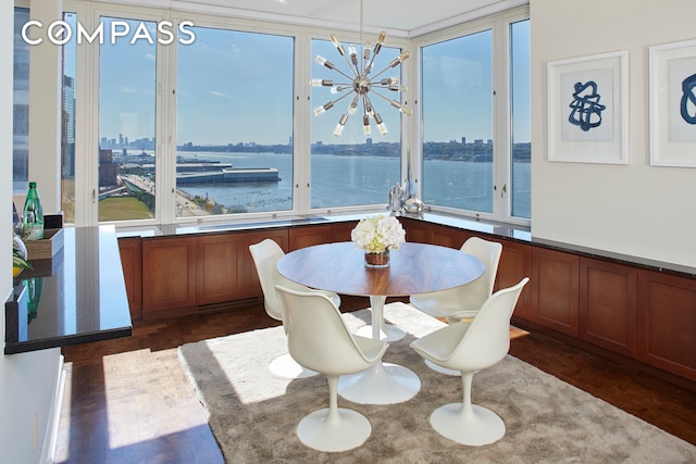 220 Riverside Blvd Unit 19Jg, New York City, NY 10069 - dining space featuring a chandelier, dark wood-type flooring, a view of city, and a water view