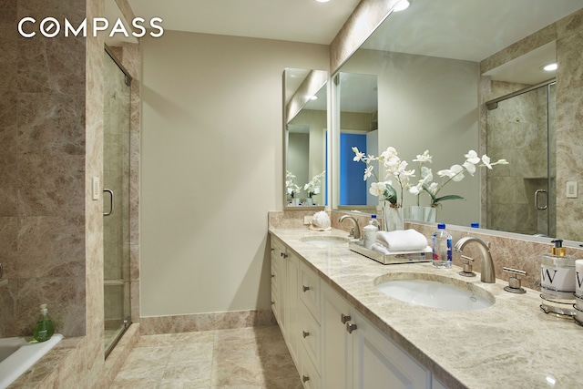 220 Riverside Blvd Unit 19Jg, New York City, NY 10069 - full bath with a shower stall, double vanity, baseboards, and tile patterned flooring