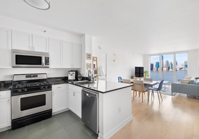 20 River Ter Unit 11L, New York City, NY 10282 - kitchen with appliances with stainless steel finishes, a sink, open floor plan, a peninsula, and white cabinets