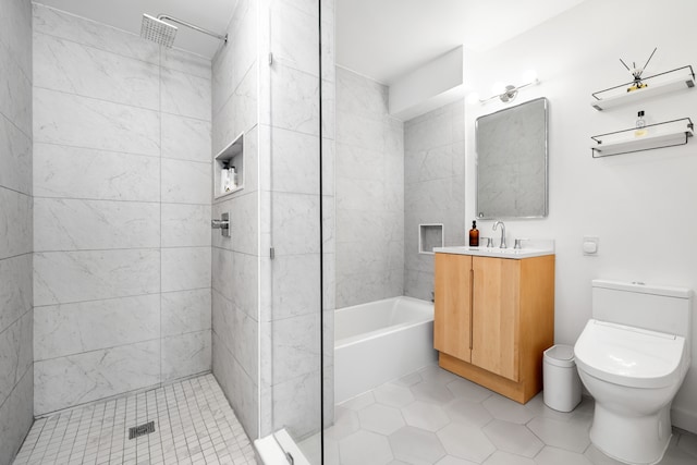 20 River Ter Unit 11L, New York City, NY 10282 - bathroom with a tile shower, toilet, vanity, tile patterned floors, and a bathtub