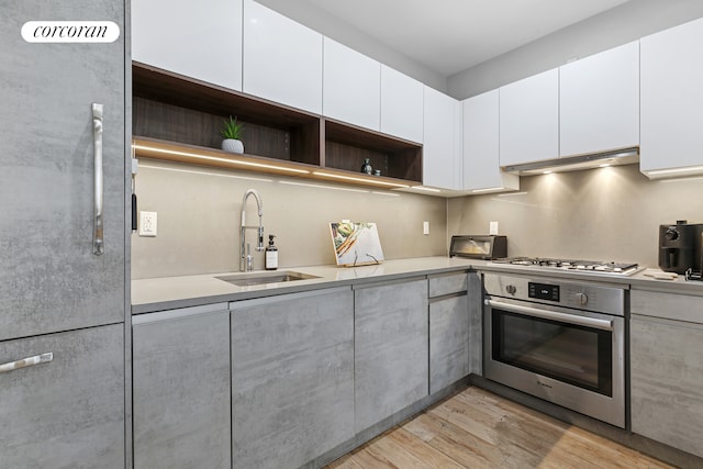 kitchen with appliances with stainless steel finishes, a sink, under cabinet range hood, open shelves, and light countertops