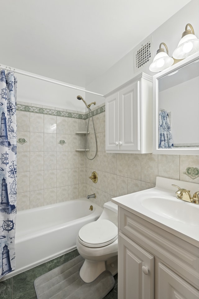 bathroom with shower / bath combination with curtain, visible vents, tile walls, vanity, and toilet