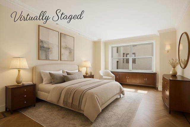 bedroom with baseboards and ornamental molding
