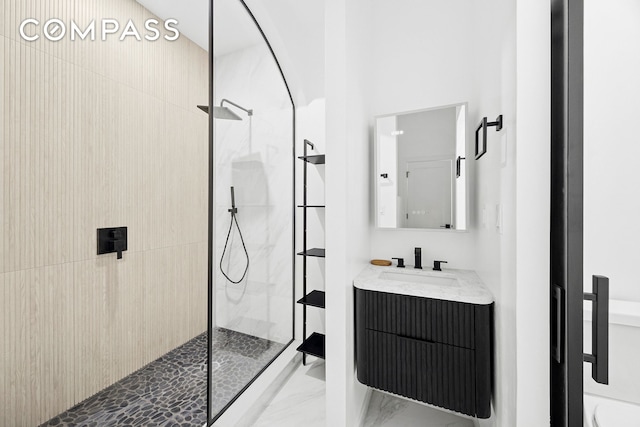 134 W 80th Street Parlor, New York City, NY 10024 - bathroom featuring marble finish flooring, a walk in shower, and vanity
