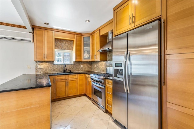 21-09 48th St, New York City, NY 11105 - kitchen featuring appliances with stainless steel finishes, ventilation hood, wall chimney exhaust hood, a sink, and tasteful backsplash