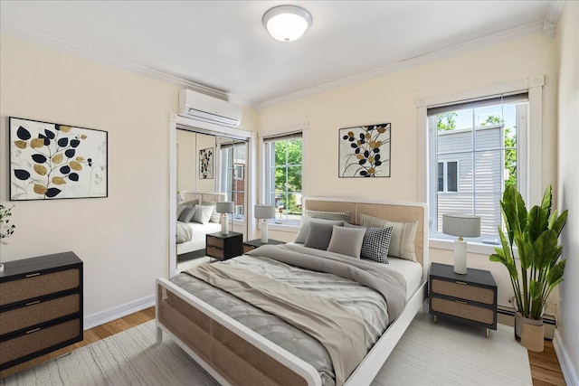21-09 48th St, New York City, NY 11105 - bedroom featuring a wall unit AC, multiple windows, crown molding, and wood finished floors