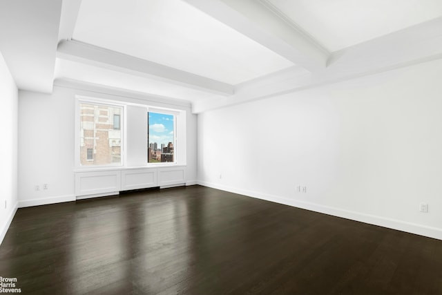 unfurnished room with dark wood-style flooring, beamed ceiling, and baseboards