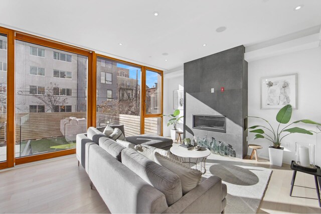 224 N 6th Street Parlour, New York City, NY 11211 - living room featuring wood finished floors, expansive windows, a fireplace, and recessed lighting