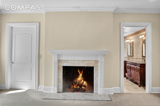 details featuring carpet flooring, crown molding, a warm lit fireplace, a sink, and baseboards