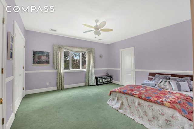 bedroom with carpet floors, a ceiling fan, baseboards, and visible vents