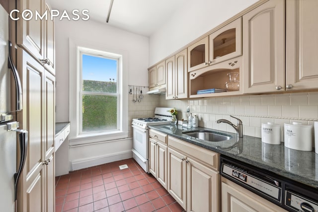 kitchen featuring under cabinet range hood, backsplash, white gas stove, and a sink