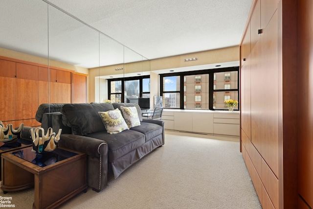 living room with light colored carpet and a textured ceiling