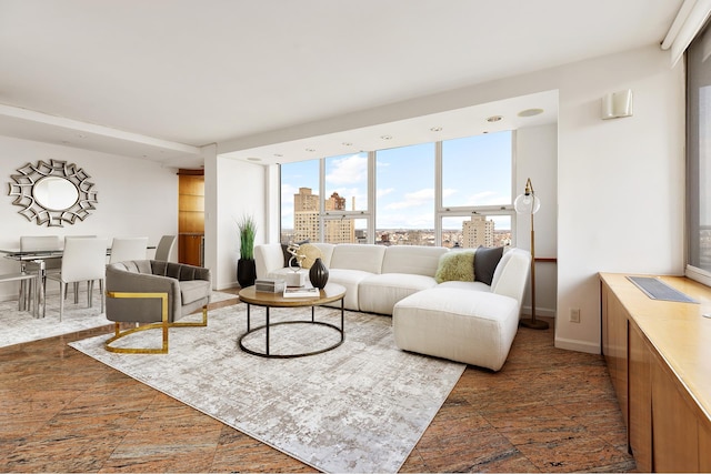 living room featuring baseboards and a view of city