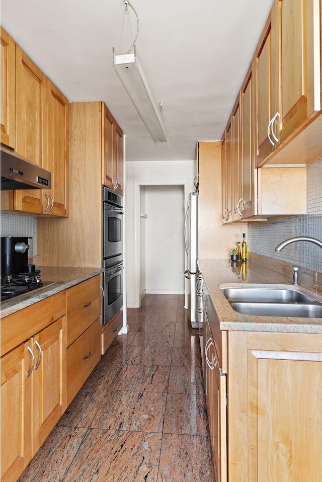 kitchen with tasteful backsplash, a sink, baseboards, under cabinet range hood, and stainless steel appliances