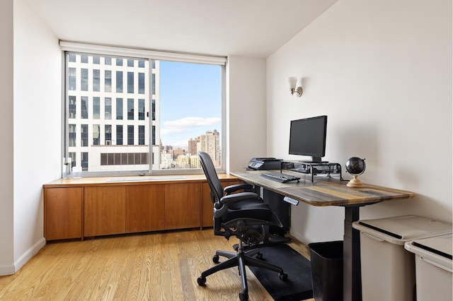 office space featuring baseboards, light wood-type flooring, and expansive windows