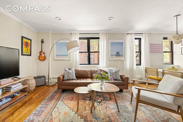 living room with crown molding, a baseboard heating unit, and wood finished floors