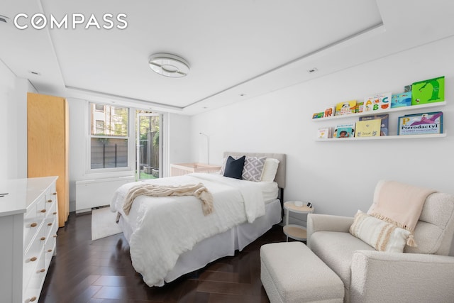 bedroom featuring a raised ceiling and dark wood-type flooring