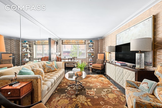 living area featuring wallpapered walls and ornamental molding