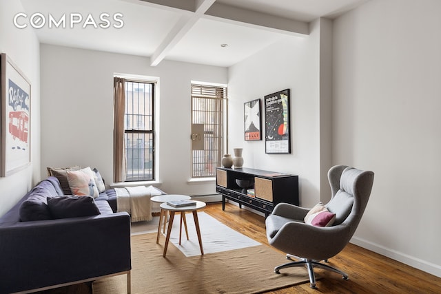living area featuring baseboards, a baseboard radiator, light wood-style flooring, and beamed ceiling