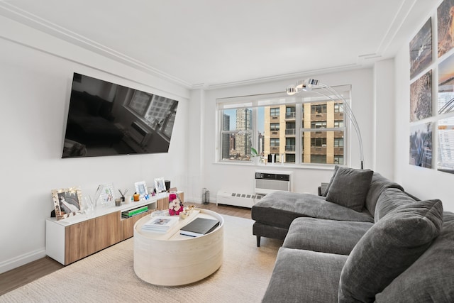 living area featuring baseboards, a wall unit AC, and wood finished floors