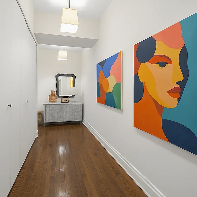 hallway with hardwood / wood-style floors and baseboards