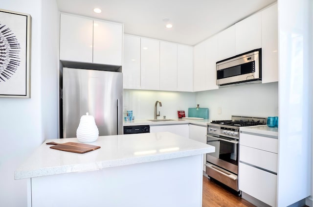 kitchen with white cabinets, appliances with stainless steel finishes, a sink, and modern cabinets