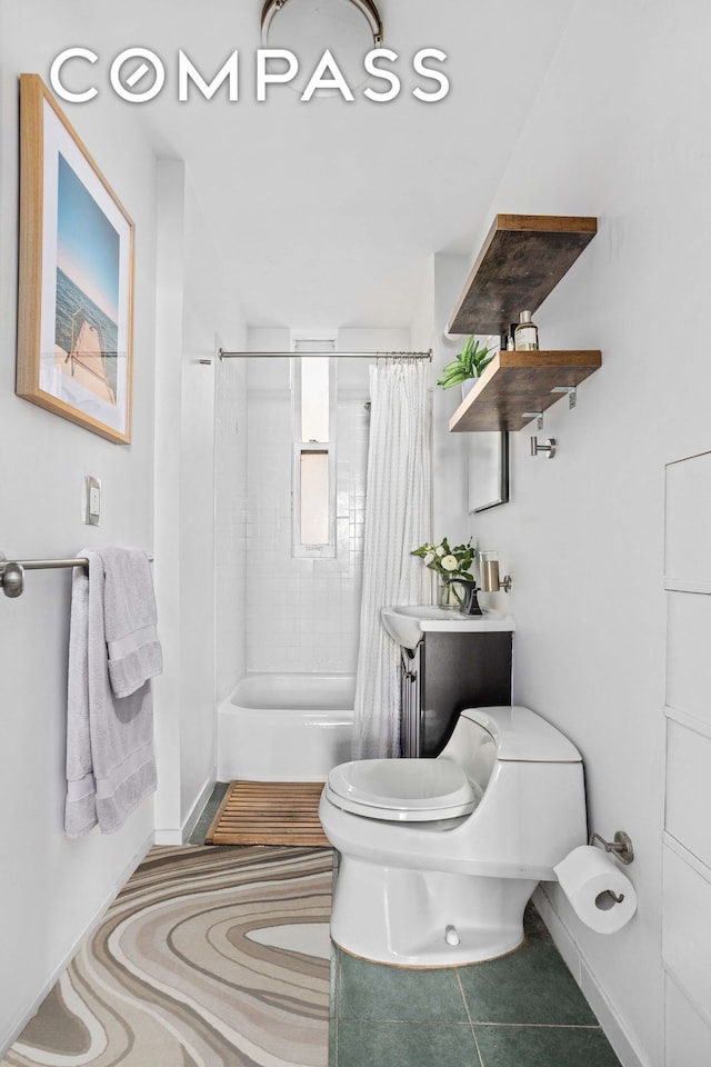 full bathroom with toilet, baseboards, shower / bath combination with curtain, and tile patterned flooring