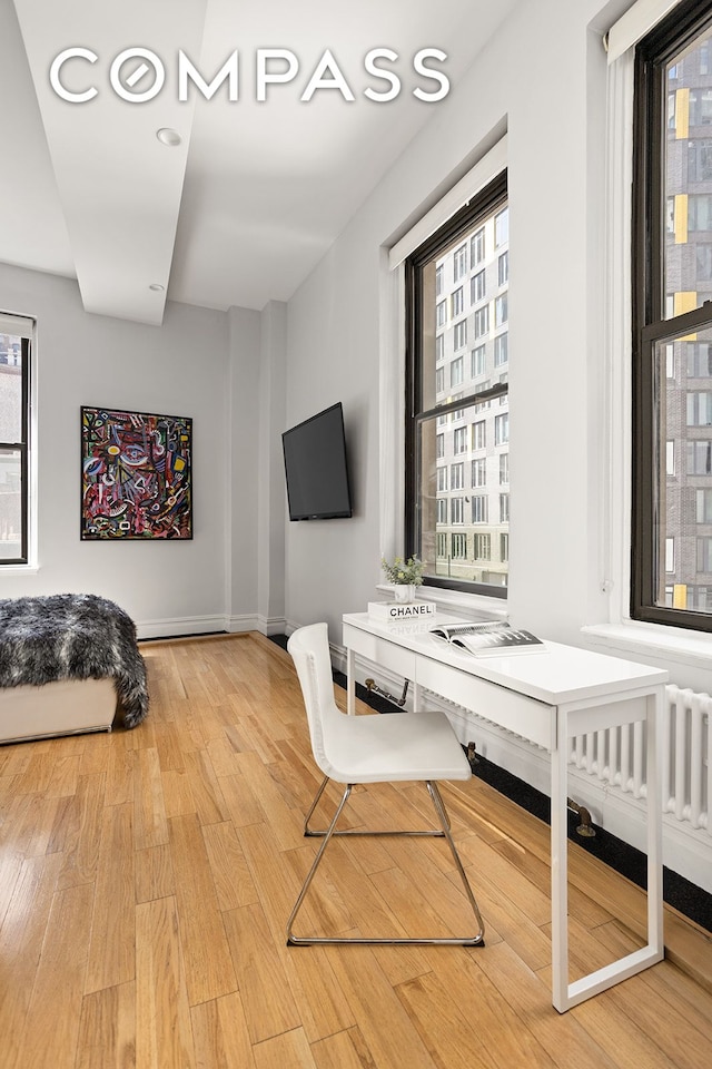 bedroom featuring baseboards, multiple windows, and wood finished floors