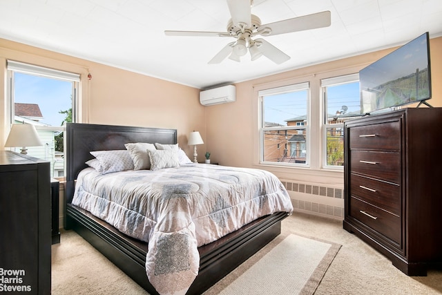 bedroom with radiator, light carpet, a ceiling fan, and a wall mounted air conditioner