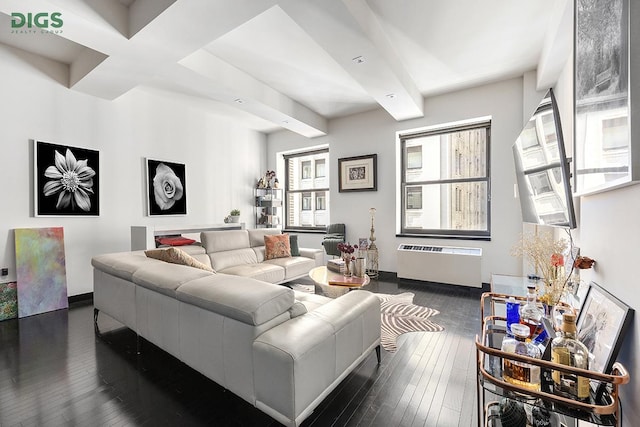 20 Pine St Unit 2207, New York City, NY 10005 - living area featuring radiator heating unit, dark wood-style flooring, and beamed ceiling
