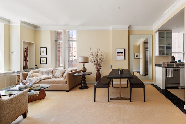living room with ornamental molding