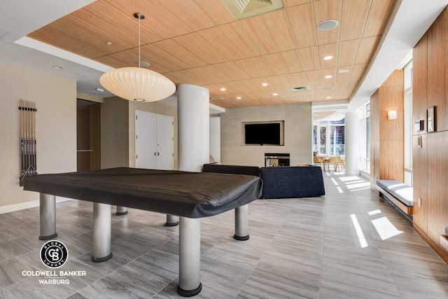 rec room featuring visible vents, recessed lighting, wood ceiling, billiards, and light tile patterned floors