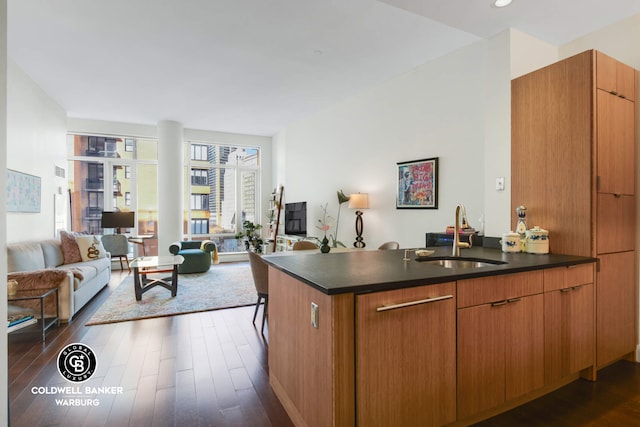kitchen with dark countertops, open floor plan, modern cabinets, dark wood-style floors, and a sink