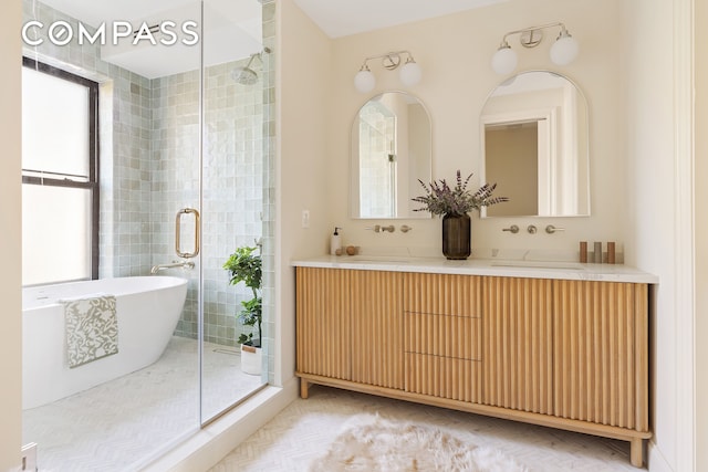 198 Madison St Unit Sf, New York City, NY 11216 - full bathroom featuring a freestanding tub, a stall shower, and double vanity