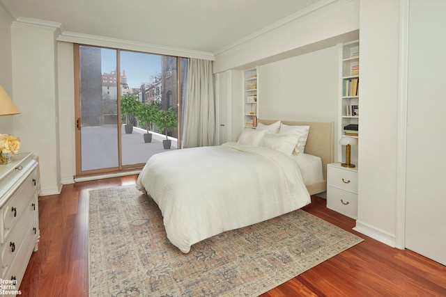 101 W 79th St Unit 2G, New York City, NY 10024 - bedroom featuring crown molding, access to exterior, and dark wood-style flooring