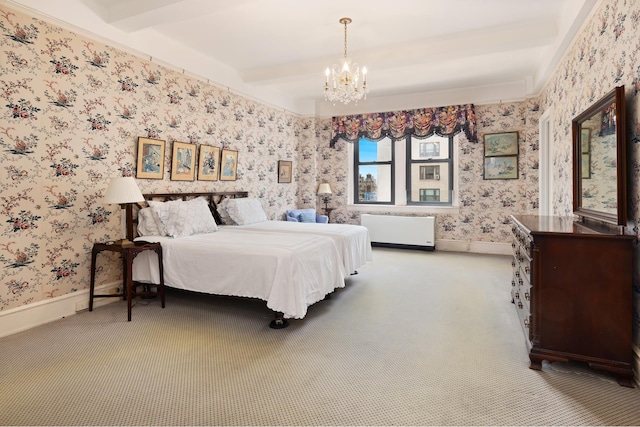 1165 Park Ave Unit 10A, New York City, NY 10128 - carpeted bedroom featuring radiator heating unit, wallpapered walls, a chandelier, beamed ceiling, and baseboards
