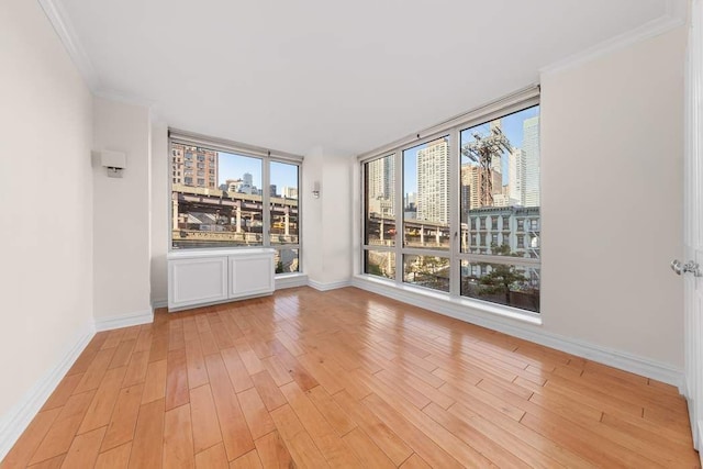 unfurnished room featuring baseboards, a city view, and light wood-style flooring